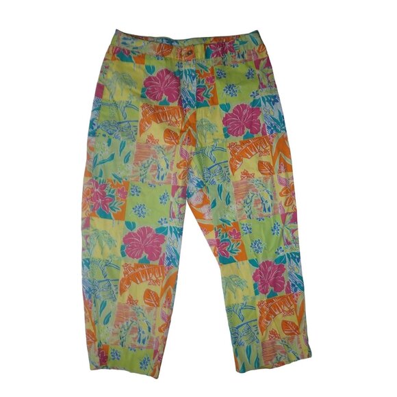 Palm Lily Cropped‎ Pants Beach Tropical Women 8 Cotton Floral Vacation Preppy - Picture 1 of 6